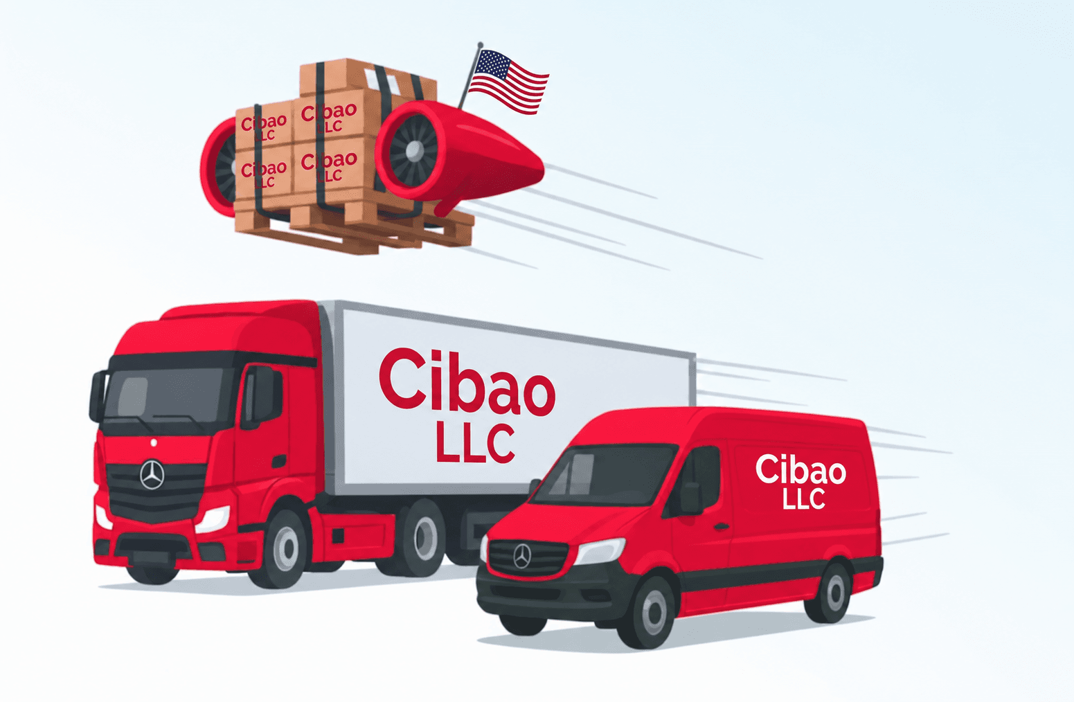 Stylized Cibao LLC freight illustration with red commercial vehicles and palletized cargo